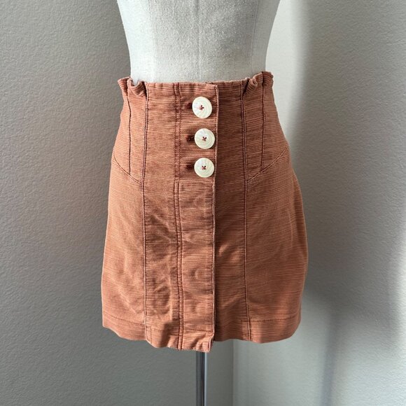 Free People High Waisted Pintuck Textured Mini Skirt Exposed Buttons Terrecotta - Picture 2 of 8